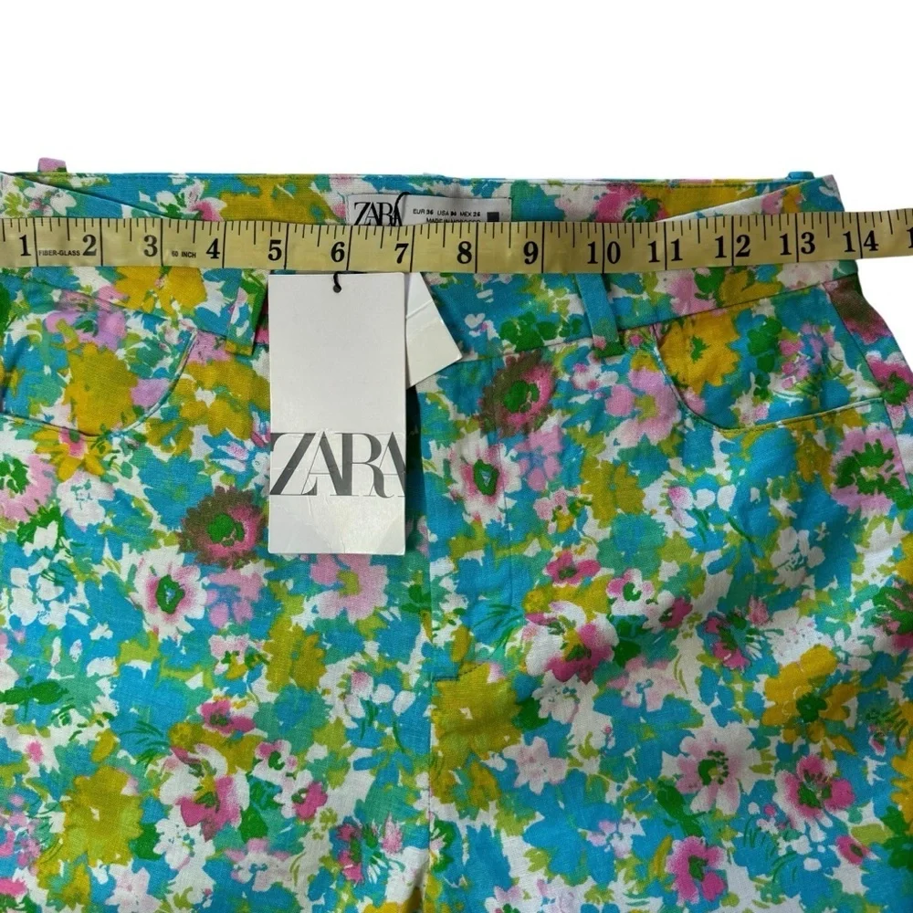 NWT Zara Multicolor Floral Cropped Mini Flare Size 4 Linen Blend Pants